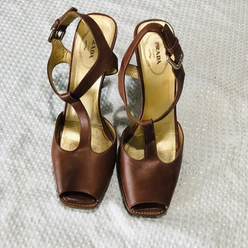 Prada Brown Leather Peep-Toe Slingback Heels - Picture 5 of 15